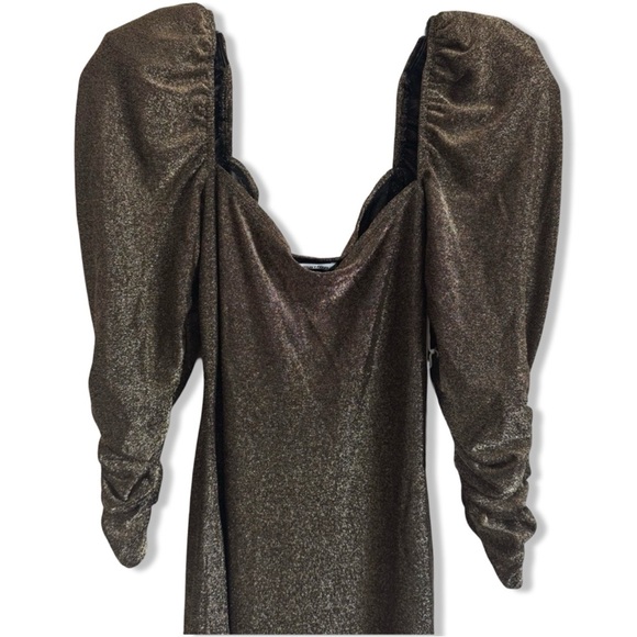 Reformation Rahm Ruched Puff Sleeve Midi Dress in Bronze Sparkle | Size XS - Picture 12 of 16